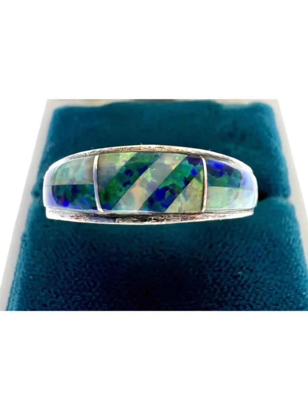 Vintage Sterling Silver & Blue Opal Inlay Ring Size - Picture 4 of 10